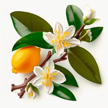 branch from a lemon tree with leaves and flowers is isolated on a white background. Generative AI,