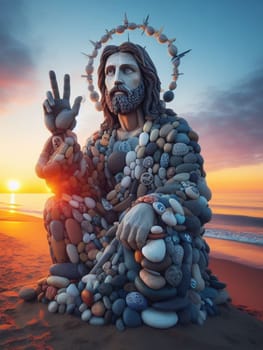 Sculpture of Jesus Christ made of pebbles at the beacj at sunset, asking for peace stop war concept ai generated