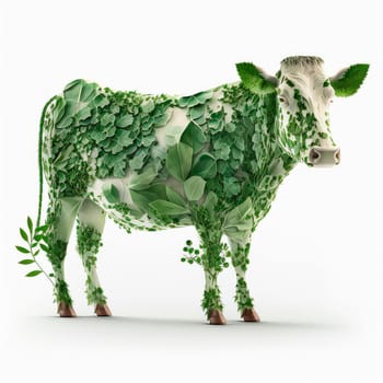 Plant-based meat created cow made of plants on white background made with Generative AI.