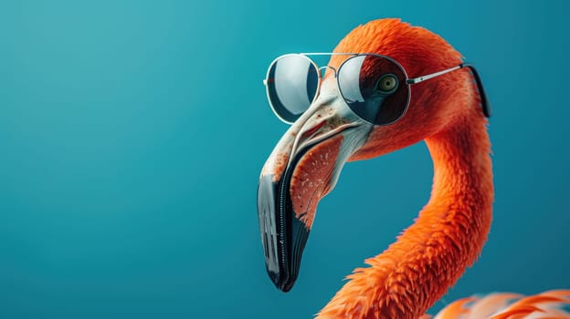 Portrait of a flamingo wearing a sunglasses, Summer vacation party banner.