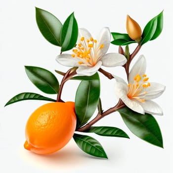 branch from a lemon tree with leaves and flowers is isolated on a white background. Generative AI,