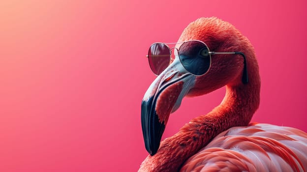 Portrait of a flamingo wearing a sunglasses, Summer vacation party banner.