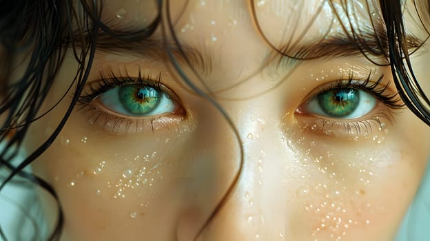 a close up of a woman s green eyes and freckles . High quality