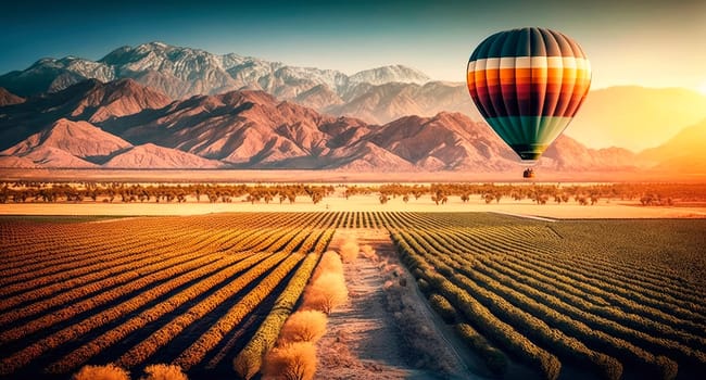 The hot air balloon flies in the sky over the fields and mountains. Generative AI.