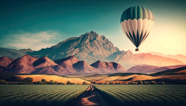 The hot air balloon flies in the sky over the fields and mountains. Generative AI.