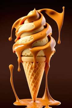 Ice cream cone with caramel. Generative AI,