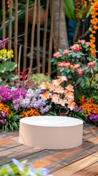 A circular bench surrounded by a lush, vibrant assortment of garden flowers creates a picturesque scene