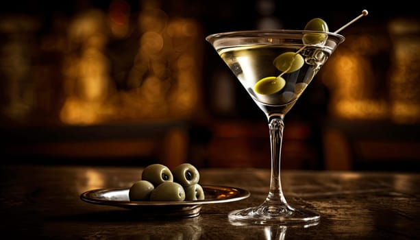 Chilled martini cocktail on a long bar with olives. Generative AI,