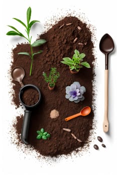 Soil on white background plants and flowers grow layout, garden accessories, watering can, shovel, rake. Generative AI,