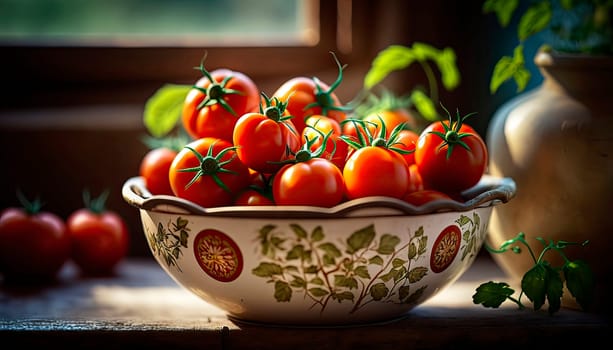 Home grown tomatoes in a plate in the garden. Generative AI,