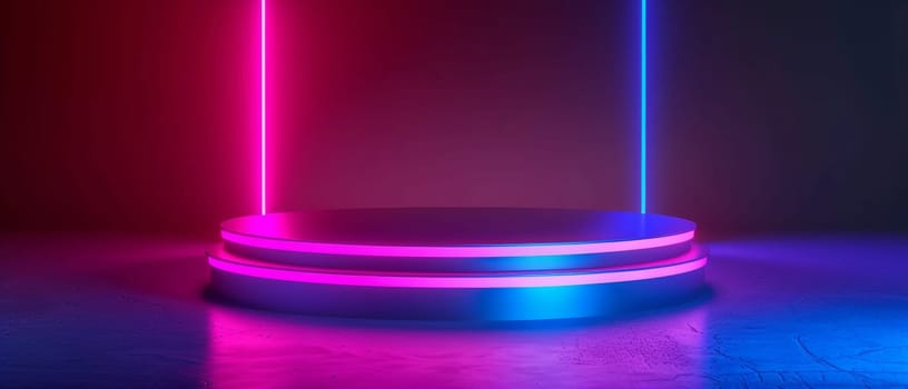 A sleek, modern podium with glowing LED lighting in vibrant blue and pink hues, creating an eye-catching display for product showcases or entertainment events