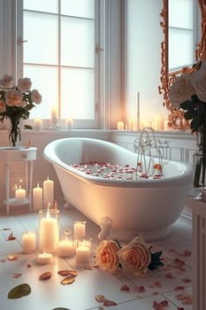 Elegant white bathroom interior with romantic atmosphere, burning candles and rose petals. Generative AI,