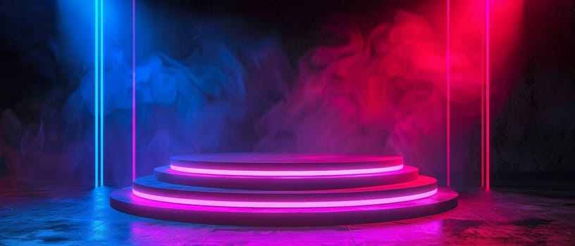 A radiant, circular podium with multi-colored LED lights, creating a mesmerizing and visually striking platform for product launches, presentations, or live performances