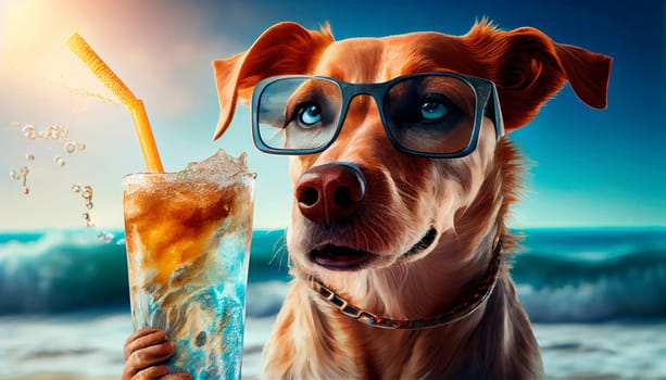 Dog on the beach with a cocktail. Generative AI,