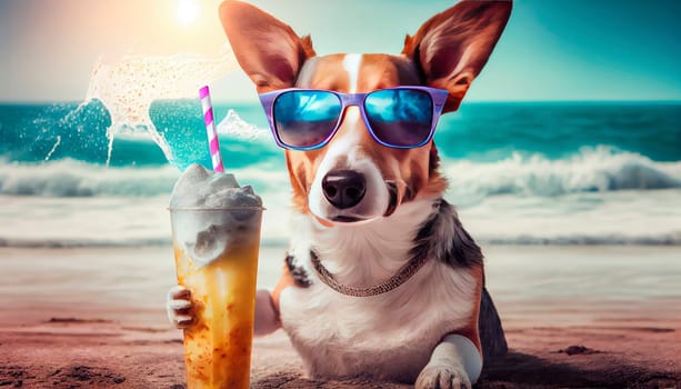 Dog on the beach with a cocktail. Generative AI,