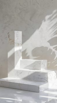 Dynamic light patterns dance over abstract marble stairs, creating a harmonious blend of geometry and natures touch