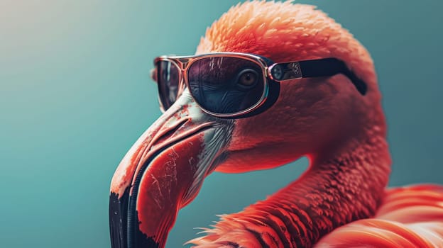 Portrait of a flamingo wearing a sunglasses, Summer vacation party banner.