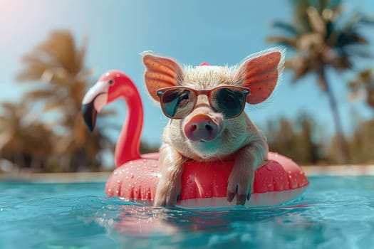 A miniature pig with sunglasses floating in a pool on an inflatable flamingo, Summer vacations.