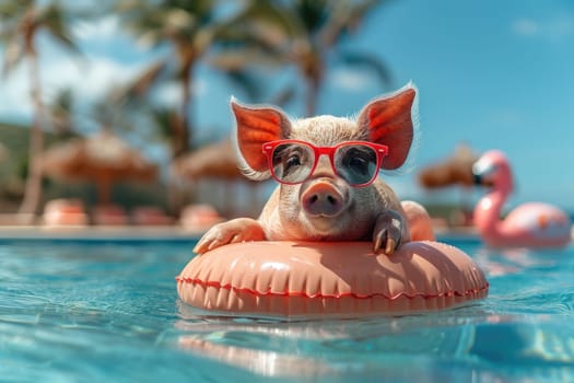 A miniature pig with sunglasses floating in a pool on an inflatable flamingo, Summer vacations.