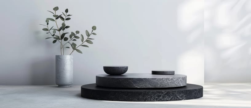 A sleek modern display featuring a dark, circular stone platform with a vase and bowls, highlighted by soft natural light and shadows