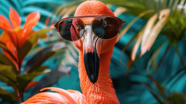 Portrait of a flamingo wearing a sunglasses, Summer vacation party banner.