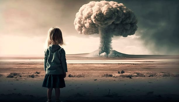 Children look at the nuclear explosion with their backs. Generative AI,