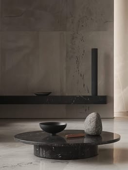 Modern interior with a minimalist black marble coffee table accompanied by simple decor items, exemplifying understated elegance