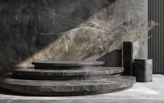 A contemporary interior display features a round marble podium, a subtle shine from indirect light, and a slender metal branch as decor