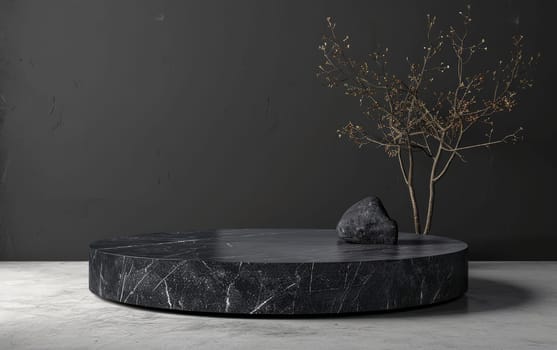 A stark black marble stage set against a matte backdrop with a bare tree and a smooth stone for an artistic presentation