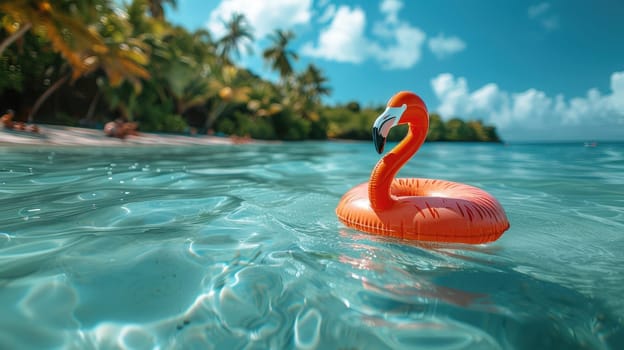 Pink inflatable swimming ring in the shape of flamingo floating in a tropical beach, Summer vacation.