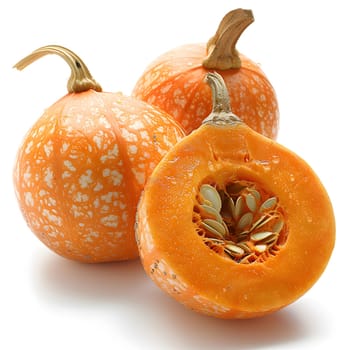 Three pumpkins, one halved a nutritious staple food rich in Vitamin A, a local produce often used as an ingredient in superfood recipes