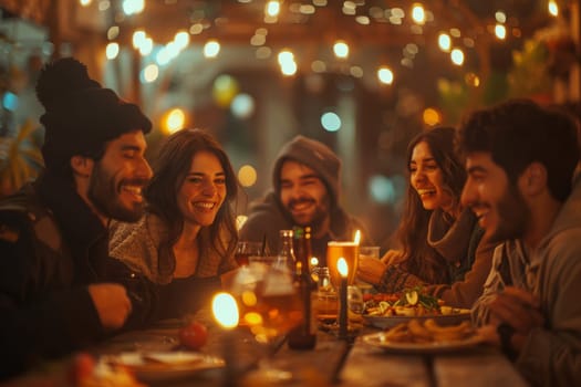 A group of people are sitting around a table with food and drinks, enjoying each other's company