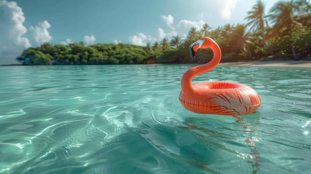 Pink inflatable swimming ring in the shape of flamingo floating in a tropical beach, Summer vacation.