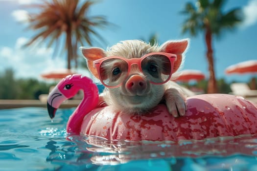 A miniature pig with sunglasses floating in a pool on an inflatable flamingo, Summer vacations.