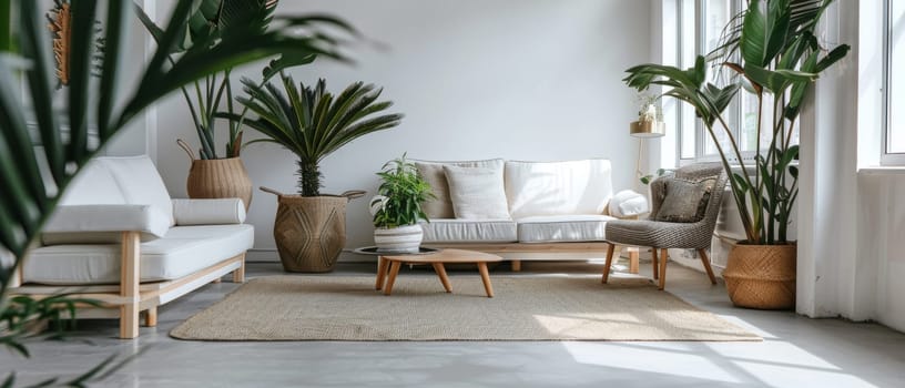 A tranquil living space featuring a neutral-toned sofa set, woven baskets, and an array of indoor plants soaking up the natural light