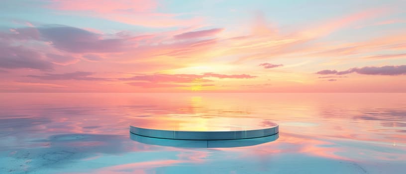 A panoramic view of a pastel sunset over still waters, featuring a sleek glass podium reflecting the sky's tranquil beauty