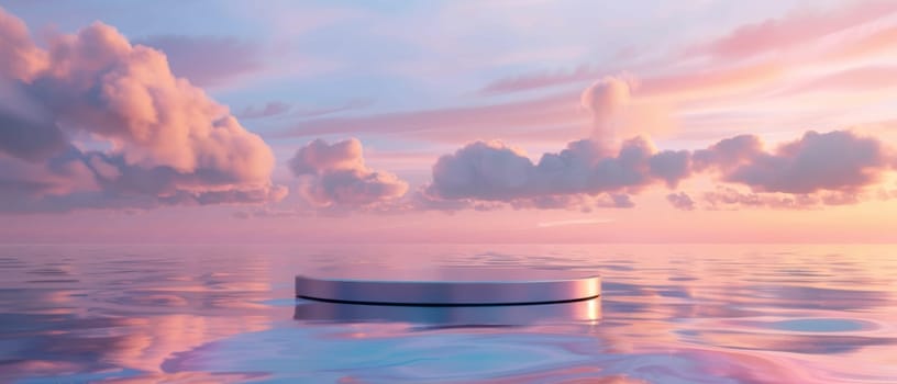 Expansive morning sky with warm clouds over calm sea waters, centered by a reflective glass podium, ideal for product showcasing