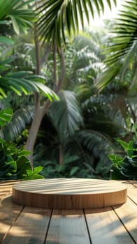 A wooden platform rests in a secluded jungle clearing, illuminated by dappled sunlight filtering through dense tropical foliage