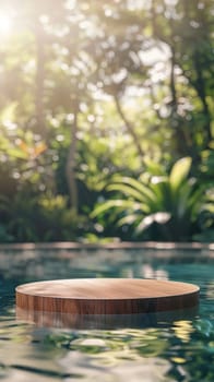 Serene waters mirror a wooden podium set in a tranquil jungle oasis, with sunlight piercing through the leafy canopy