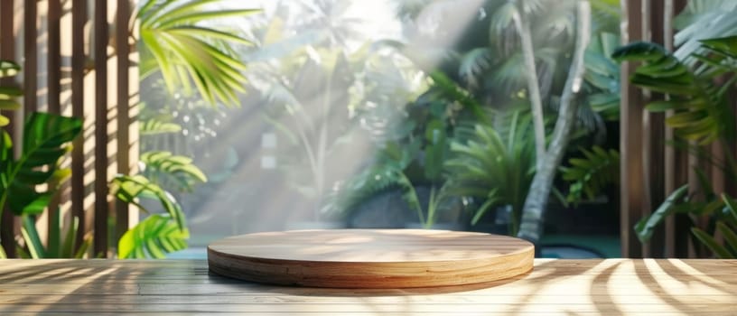 Golden sunbeams pierce through a bamboo backdrop, casting a warm glow on a wooden podium amidst a lush tropical setting