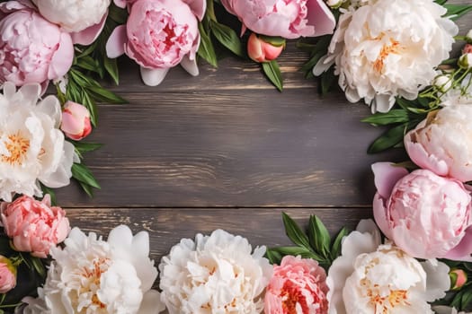 Banner: Frame made of beautiful peonies on wooden background, top view. Space for text