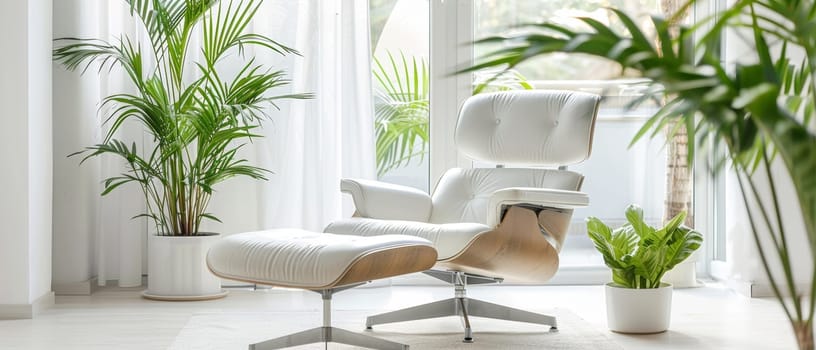 An iconic white leather chair and matching ottoman set poised beside a large window, framed by vibrant green houseplants