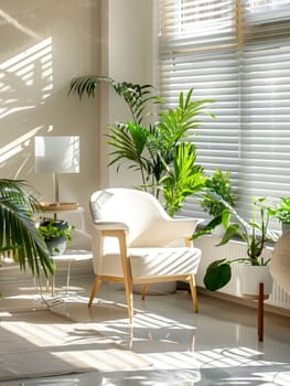 A tranquil reading nook filled with natural light, boasting a comfortable armchair, indoor plants, and sheer window treatments