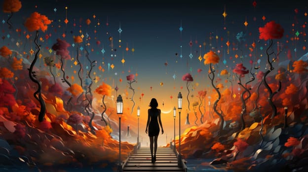 Banner: Conceptual image of a young woman walking on a wooden bridge over the fire.