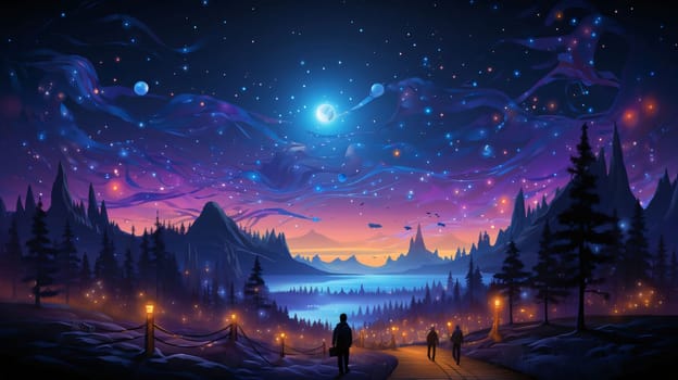 Banner: Fantasy landscape with people in the forest at night. Vector illustration.