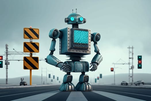 Banner: Futuristic robot on the road. 3d rendering. toned image.