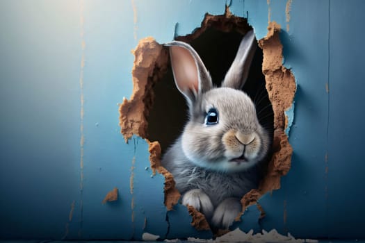 Banner: Cute rabbit peeking out of hole in blue wall. Easter concept