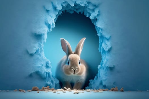 Banner: Cute rabbit in the hole in the blue wall, 3d rendering