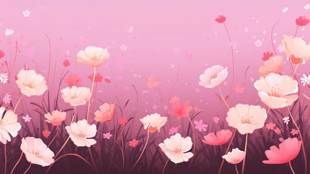 Banner: Flower background with pink and white poppies. Vector illustration.