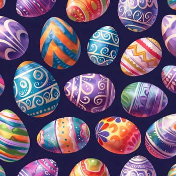 Vibrant pattern featuring Easter eggs with various decorative designs on a dark background, symbolizing celebration and springtime.